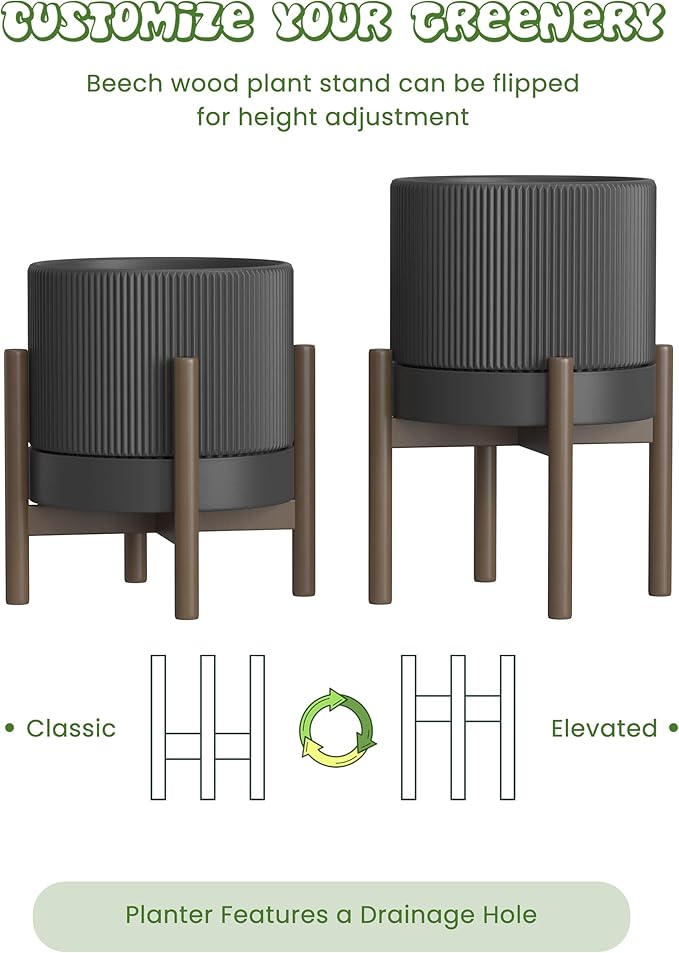 Ceramic Planter Pots Indoor with Drainage Hole & Saucer,Including Stand,7.3 Inch Mid-Century Modern Cylinder Plant Pot for Snake Flower Leaf