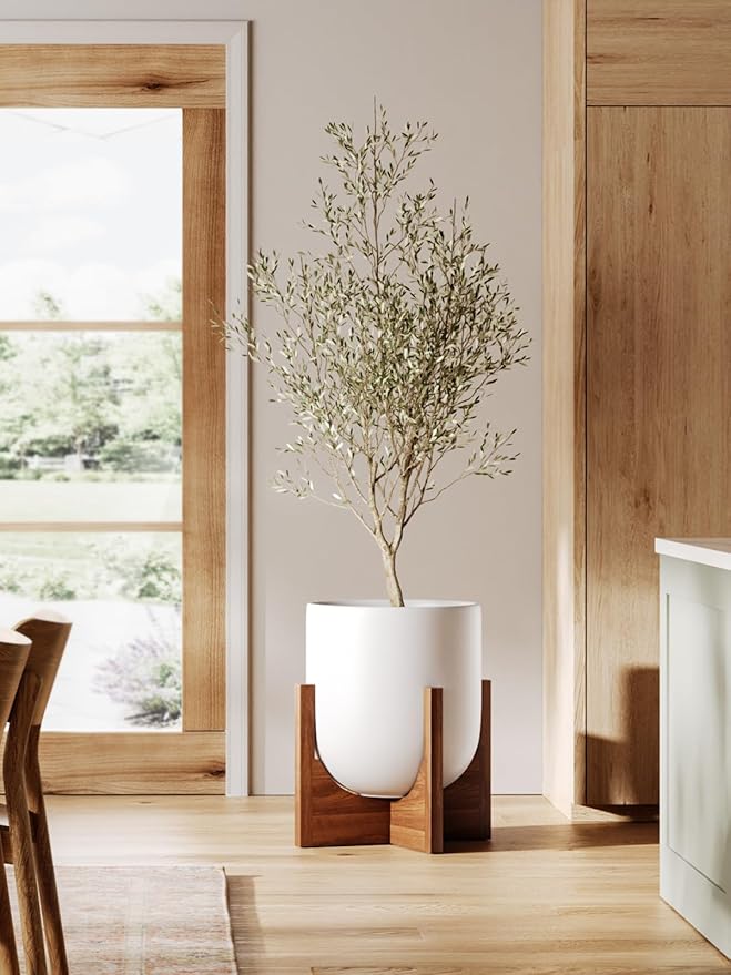 LE TAUCI 12 Inch Pots for Plants with Acacia Wood Stand, Ceramic Large Planters for Indoor Plants, Indoor Plant Pots for Office Living Room, Cylinder Pots for Plants with Drainage Hole and Plug, White