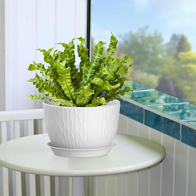 Plant Pots 12/10/9 Inch Pots, Set of 3 Plastic Planters with Drainage Holes and Saucers,Plastic Flower Pots,Nursery Planting Pot for Indoor Out Door Plants（White）