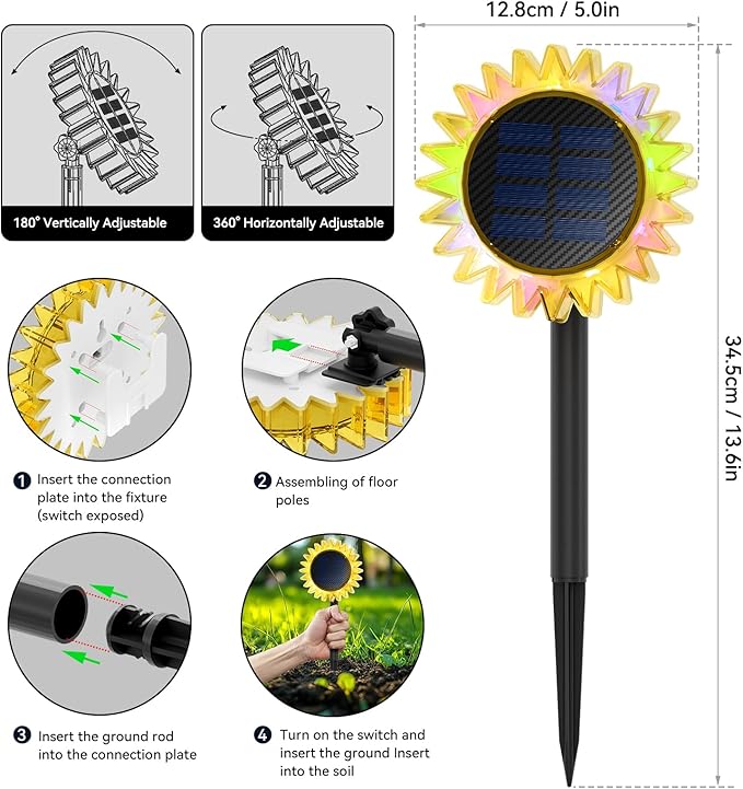 Outdoor Solar Lights, 4 Pack Upgraded Solar Sunflower Lights, Ground/Wall 2-in-1 Waterproof Solar Garden Lights for Yard, Landscape, Fence, Path, Patio, Driveway, Backyard Decor (Colourful)