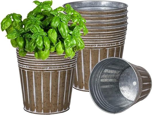 vensovo 6 Inch Brown Metal Rustic Flower Pots - 6Pcs Galvanized Planters with Drainage Hole and Rubber Plug, Rustproof Small Metal Bucket Plant Pots Farmhouse Vintage Style for Decor