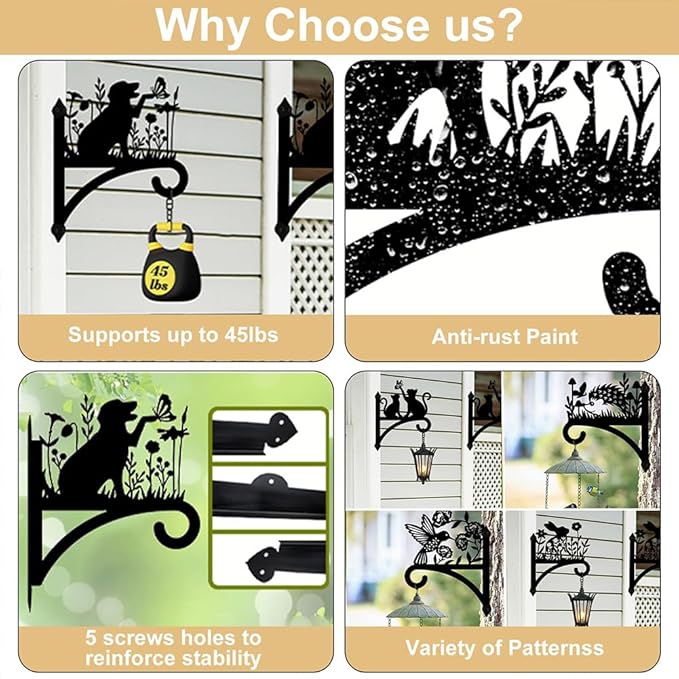 Peacoblue Iron Plant Hangers Hooks for Outdoor Indoor Hanging Plant Flower Fern Pots Lantern Bird Feeder,12"x15" Weather Resistant Metal Wall Holder for Porch Garden Farmhouse(Howling Wolf and Forest)