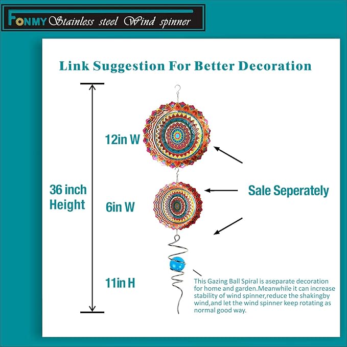 FONMY Stainless Steel Wind Spinner Worth Gift Indoor Outdoor Garden Decoration Crafts Ornaments 12 inch Multi Color Mandala Wind Spinners