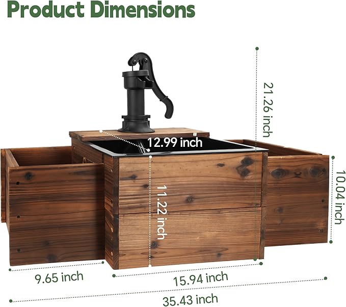 Outdoor Water Fountain,Floor Wooden Rectangular Pump Old-Fashioned Fountain with Flower Box,Electric Decorative Hand Pump, Outdoor Water Feature for Garden Patio Backyard