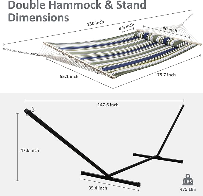 SUNCREAT Double Hammock, Extra Large Quilted Fabric Swing with Hardwood Spreader Bars & Detachable Pillow, Heavy Duty, Perfect for Indoor/Outdoor Patio, Deck, Yard, Blue&Aqua