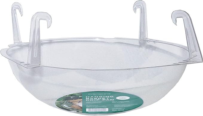 Curtis Wagner Plastics Wire Coco Hanging Basket Drip Pans (5-Pack) | Clear, Round (12” - 14" Top, 3.75" Depth) Hanging Plant Tray Saucer with Built-in Hooks & Water Catcher for Indoor & Outdoor