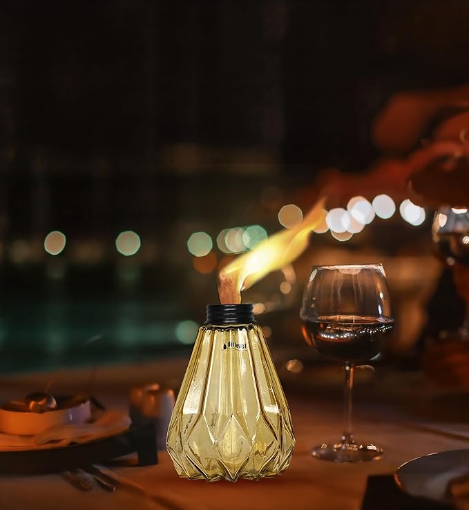 Deco Window Pack of 3 Table Torch for Indoor Outdoor Citronella Oil Tabletop Glass Lamp Landscape Yellow Lantern with Fiberglass Wick & Cap for Garden Patio Yard Party Decor Light