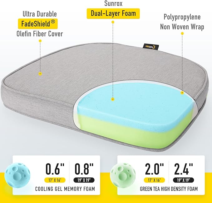 SUNROX Gel Memory Foam Chair Cushions, FadeShield Water-, Stain-Resistant Durable Reversible Seat Cushion Pads with Ties for Indoor/Outdoor Kitchen Dining Office, 17"x16", Set of 4, Heather Grey