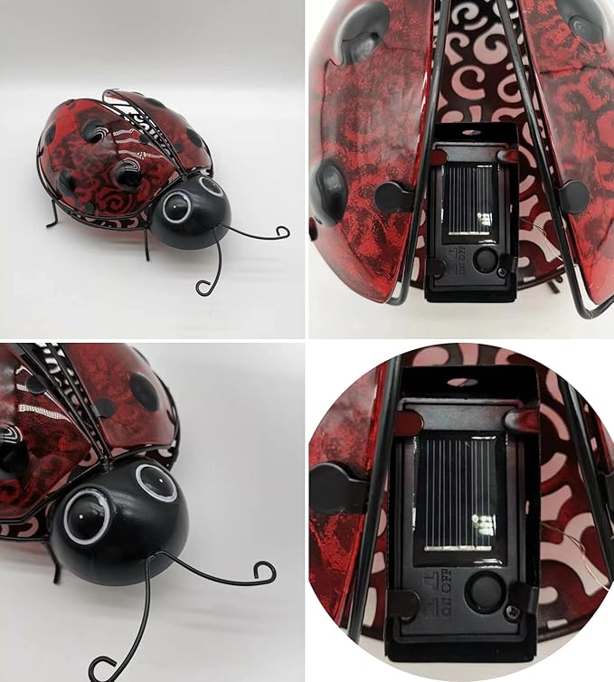 Teaeeno Ladybug Solar Lantern Pattern Light,Hanging Waterproof LED Solar Lights Outdoor Decorative,Sun-Powered Tabletop Lanterns,Metal Solar-Powered Lantern Outdoor