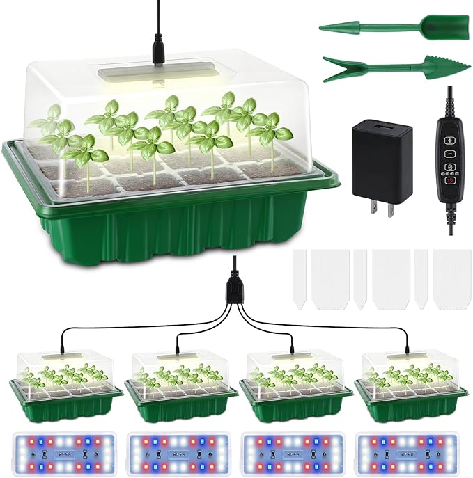 4 Packs Medium Seed Starter Tray, Adjustable Brightness and Timer, Upgraded 24 Full Spectrum LEDs, Seed Starter Kit with Drainage Holes, Tools and Labels for Indoor Plant Growing