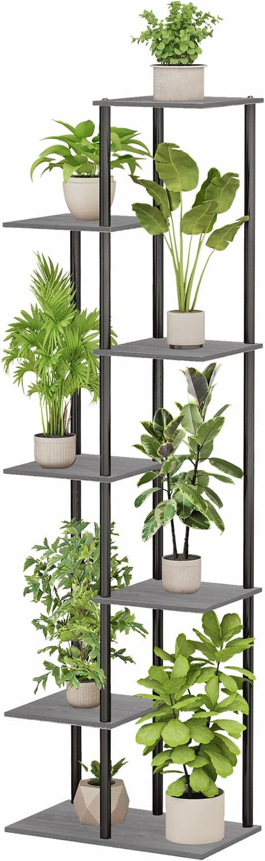 Plant Stand Indoor 7 Tier 8 Potted Metal Wood Plant Shelf, Multiple Flower Pots Corner Tall Plant Holder Stands for Living Room Balcony Bedroom, Oak Grey