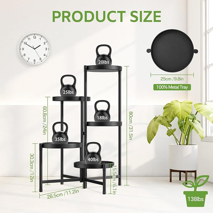 iDavosic.ly 5 Tier Large Plant Stand Indoor with 10 Inch Wide Tray, Tiered Corner Metal Outdoor Flower Display Holder Shelf, Folding Tall Rack for Patio Porch Living Room, Modern Black