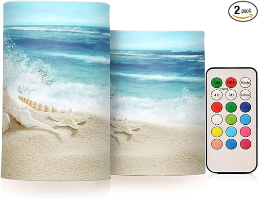 Flickering Flameless Candles, Shells Summer Sandy Beach LED Candles with Remote Timer, Set of 2 Battery Operated Candle for Valentine Wedding Birthday