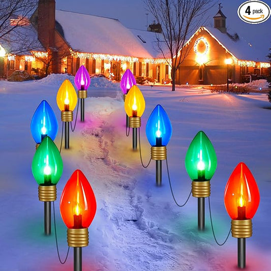 Moonflor 4 Pack Jumbo C9 Christmas Pathway Lights Outdoor - Total 34FT 20 LED C9 Christmas Walkway Lights, Multicolor Christmas Decoration Outside, Giant Christmas Lights Outdoor for Lawn Holiday Yard