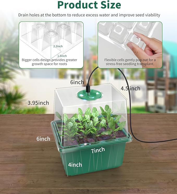Seed Starter Tray, 60-Cells Seedling Starter Trays with Grow Light, Self-Watering Seed Germination Kit for Indoor Gardening Seed Starting (5 Pack, Green Base)