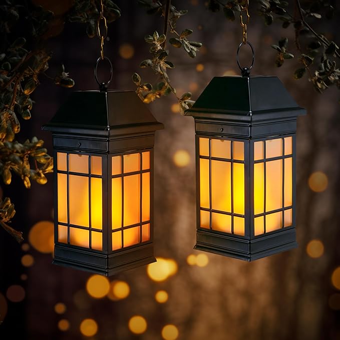 14" Solar Lantern Outdoor Waterproof, Glass Flickering Flame Solar Lanterns, Hanging Metal Lantern Decorative for Patio Front Porch Garden Backyard Tabletop Mothers Day Gifts Mom