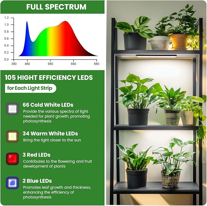 Wolezek Grow Lights for Indoor Plants, 210 LEDs Full Spectrum Plant Grow Light Strips with Upgared 4/8/12/16H Auto Timer, 13.8 Inches Bright Grow Lamp Bar for Plant Shelves and Cabinet, 2 Pack