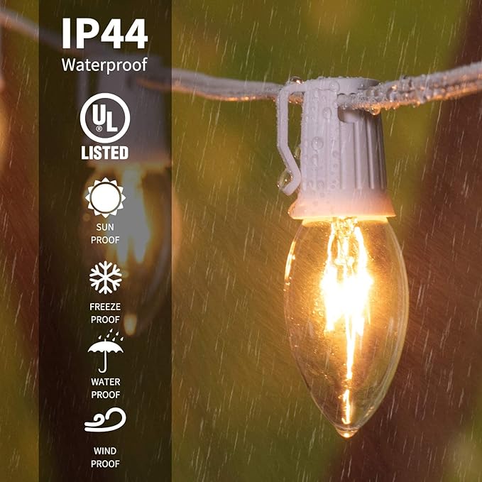 C9 Christmas String Lights Outdoor 50ft Vintage Christmas Tree Lights for Indoor Outdoor Roofline Patio Room Holiday Party Backyard Xmas Decoration, White Wire, 50+2 Bulbs