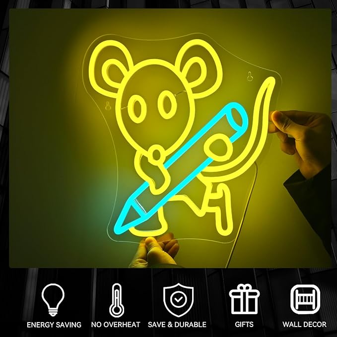 Pencil Mouse Neon Sign Yellow Led Neon Signs Classroom Neon Lights for Wall Decor Dimmable Light Up Sign for Classroom Bookstore Library Bookish Museum Teen Gifts (USB Powered 5V/2A)
