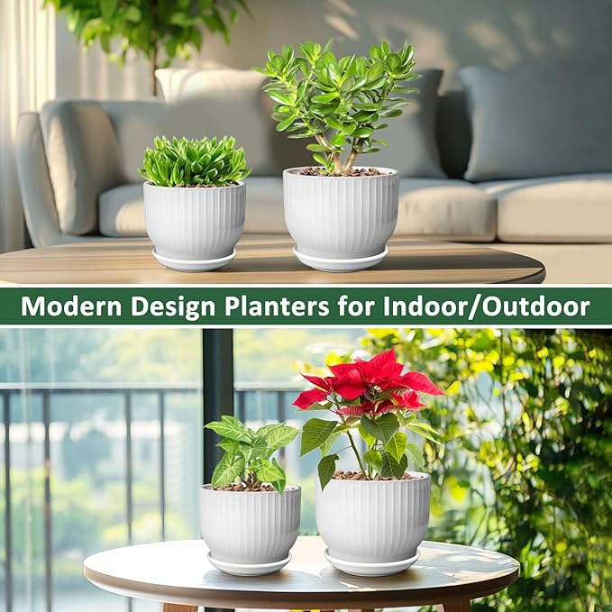 6.7 + 5.5 Inch Plant Pot, Ceramic Planter with Drainage and Saucer, Ceramic Pots for Plants, Indoor Plant pots,Ceramic Flower pots（Pure White, Plants NOT Included）