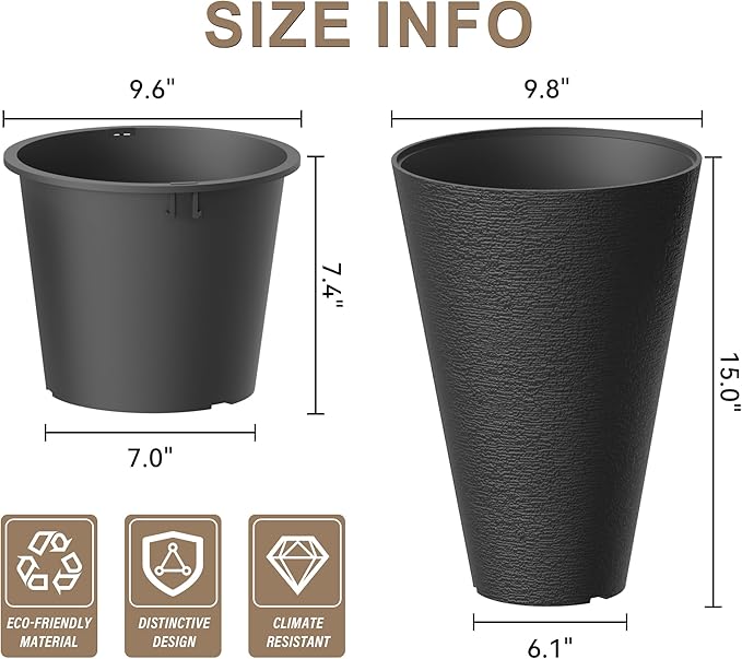 Kante Tall Round Planter Set of 2, 15 Inch Tall Decorative Planter Pots for Outdoor Indoor Garden Patio Front Porch (Black)