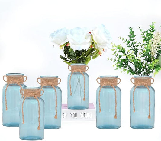 Vintage Glass Flower Vase，6 Pack Blue Farmhouse Glass Centerpiece Vases Mason Jars for Weddings, Parties & Home Decor Bulk (6, Blue)