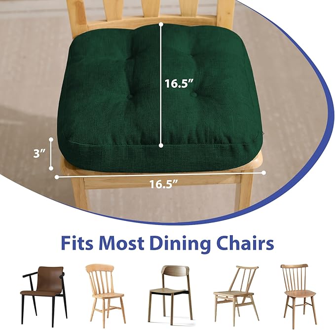 Chair Cushions for Dining Chairs, Dining Chair Cushions, Tufted Indoor Chair Pads with Ties & Non Slip Backing, Seat Cushions for Kitchen Chairs 16.5” x 16.5” x 3.5”, Set of 4, Green