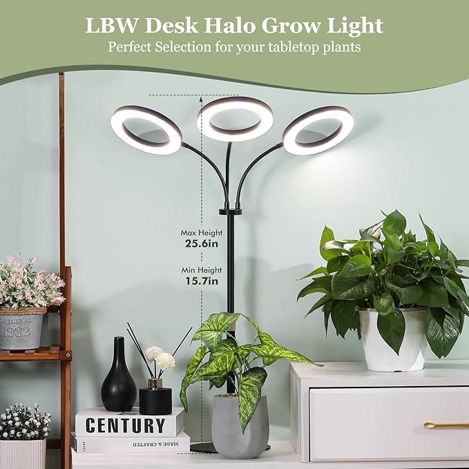 LBW Halo Plant Grow Light, Tri-Head Desk Grow Light for Indoor Growth, 72x3 LEDs Full Spectrum Grow Lamp with 4/8/12H Auto Timer, 4 Brightness Levels, Height Adjustable, Ideal for Indoor Plants, Black