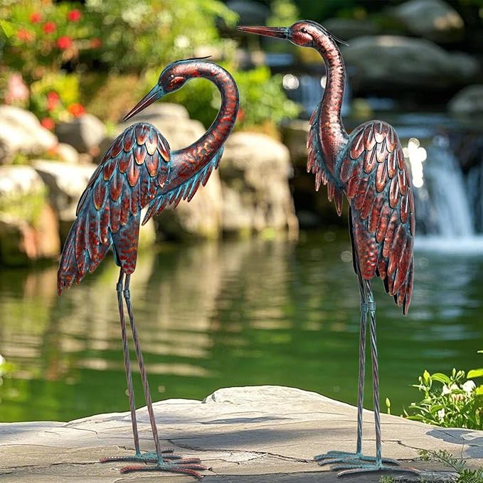 Kircust Metal Crane Statues - Set of 2 Bronze Heron Sculptures for Garden, Patio, or Yard Decor - 27.56" Tall Weatherproof Outdoor Art