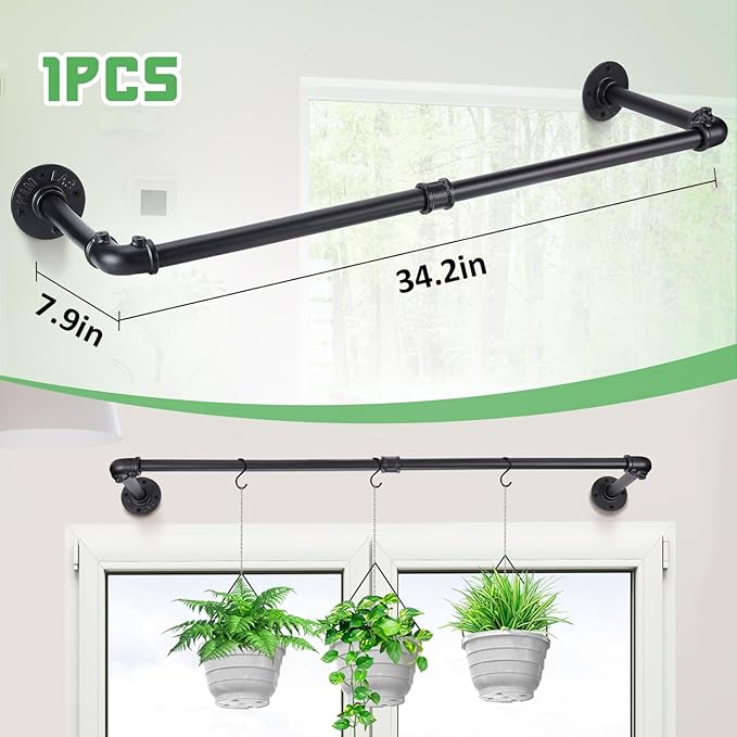 Plant Hanger Indoor, 34.2in Strong Load-Bearing Hanging Plant Holder, Window Plant Rod Black Metal Bar for Wall Ceiling Decor Shelves, 1 Pcs (Pot Chain & Plant Not Included)