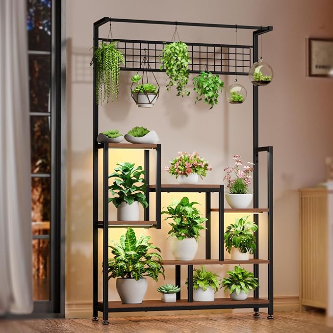 Tall Plant Stand Indoor with Grow Lights, 6 Tiered Metal Plant Stand for Indoor Plants Multiple, Large Plant Shelf Display Rack, Square Flower Plant Holder for Living Room, Patio (Black)