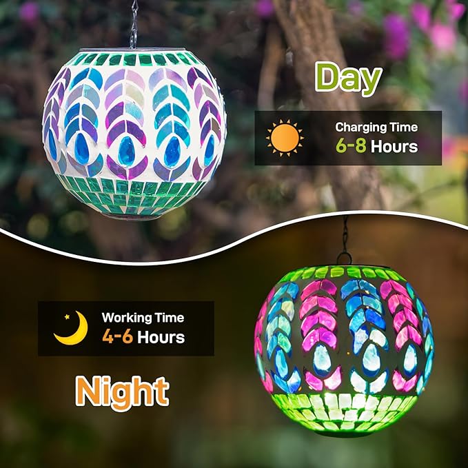 Solar Hanging Lanterns Outdoor Waterproof Glass Mosaic Gazing Ball Globe Hanging Lantern Lights for Patio Garden Yard Home Decor (Colorful)