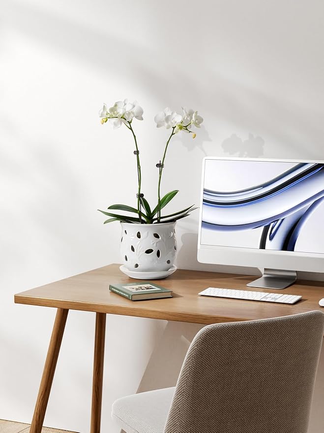 LE TAUCI Ceramic Orchid Pot, 6.5 Inch Orchid Pots with Holes, Orchid Planter for Repotting, Indoor Flower Plant Pot with Drainage and Saucer, White