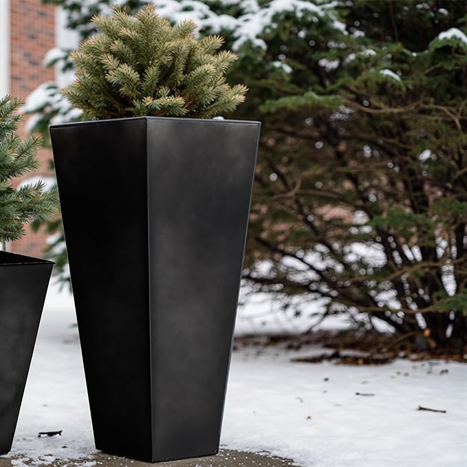 WORTH Garden 25" Large Metal Glazed Planter Set of 2, Luxurious Glossy Finish Black Tall Square Tapered Steel Plant Pots, Decor Flower Pot Indoor & Outdoor, Drainage Hole & Dual-Purpose Plant Saucer