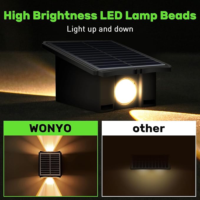 2LED Solar Wall Lights, Up and Down Lighting Solar Outdoor Light Waterproof IP65, 6500K/3000K Solar Fence Light Solar Powered Light for Yard Garden Garage Christmas Decorations (4 Pack)