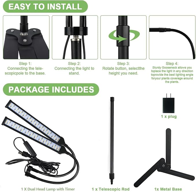 Grow Lights for Indoor Plant, 6000K Full Spectrum Plant Lights for Indoor Growing, 144 LED Grow Light, Height Extendable 9-16'', Auto On Off Timing 4/8/12/18Hrs
