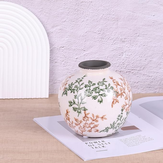 Green, White, and Brown Vintage Round vase, Chinese-Style Green Farmhouse Decorative vase, Suitable for Home Decor，Living Room, Dining Table, Office, Bookshelf, TV Cabinet, entryway Decor.