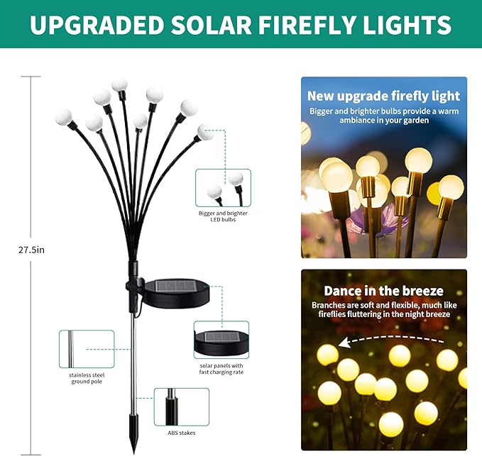 Solar Garden Lights, 6Pack 48LED Outdoor Firefly Lights Solar Decorations Lights Waterproof Firefly Lights Swaying in The Wind, Big Bulb Vibrant Firefly Lights for Yard Patio Pathway Decor Warm White