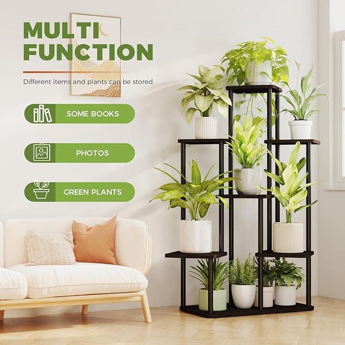 7 Tiered Plant Stand Indoor Corner Plant Shelf for Multiple Plants for Patio Garden Balcony Living Room Bedroom, Tall Metal Flower Pots Stand Relaxing for Women Gift Black Oak