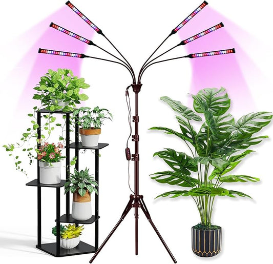 Grow Lights for Indoor Plants Full Spectrum with Stand and Timer, (Red+Blue+White) 6 Heads LED Plant Lights for Indoor Growing, Standing Floor House Plant Lamp for Seed Starting.