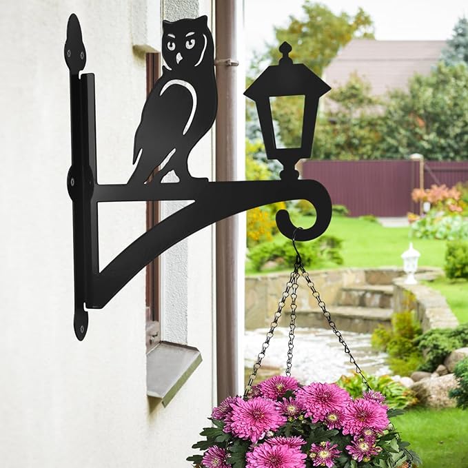 Iron Plant Hangers Outdoor, Metal Plant Hooks for Hanging Baskets, Bird Feeders, Lanterns, Flower Pots, Wall Mount Hanging Plant Holder (Owl & Street Light)