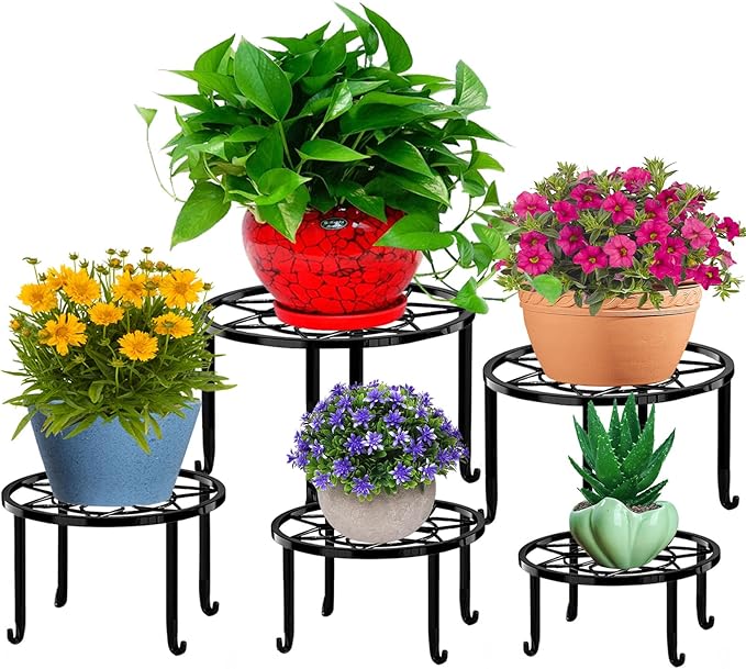 5 Pack Metal Plant Stands,Heavy Duty Potted Holder for Flower Pot,Indoor Outdoor Metal Rustproof Iron Garden Container Round Supports Rack for Planter…