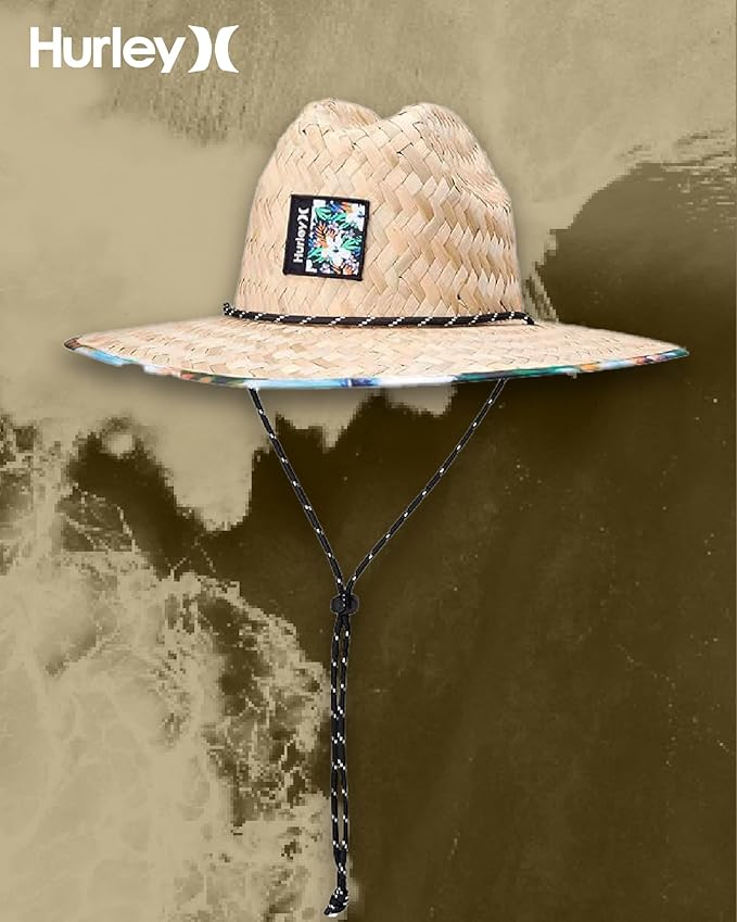 Hurley Men's Straw Hat - Wide Brim Channel Island Lifeguard Hat - Stylish Sun Hats for Men with Chin Strap