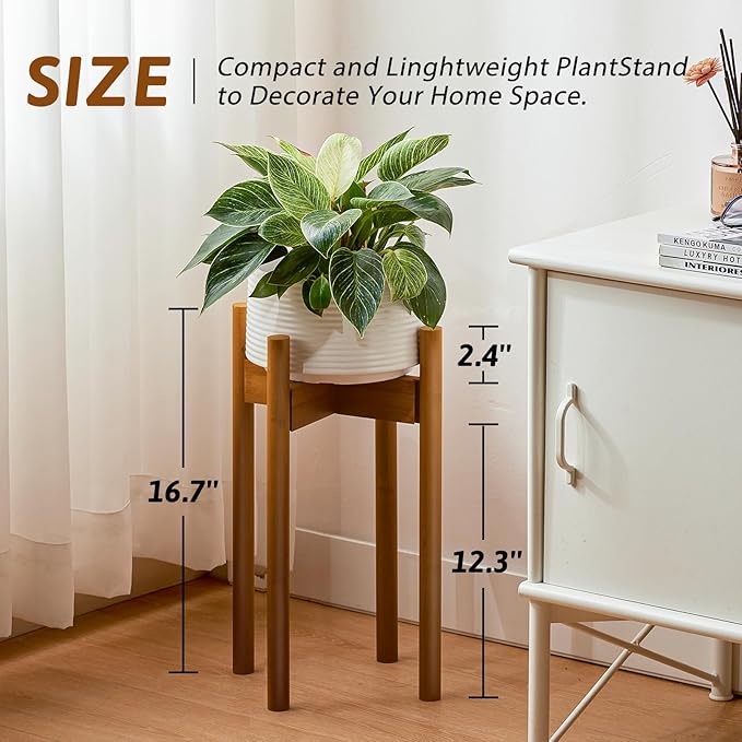 Adjustable Plant Stand Indoor, Bamboo Plant Holder 8 to 12 Inches, Small Tall Planter Stand for Indoor Plants, Single Floor Plant Stand for Living Room Balcony Bedroom, Light Brown