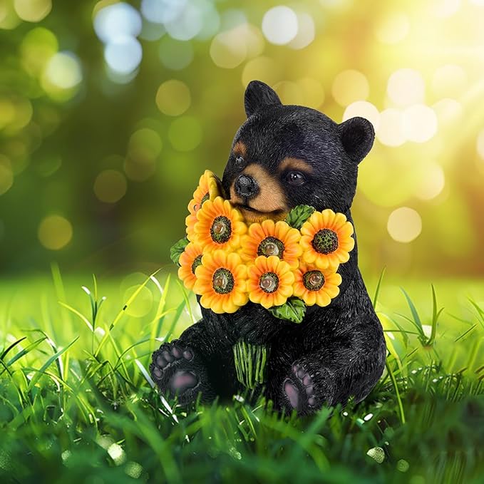 Solar Garden Lights Outdoor Statues Black Bear with Sunflowers, LED Lighted Garden Decor Waterproof Figurines for Patio Porch Balcony Yard Lawn Lantern, Unique Garden Statues for Housewarming Gifts