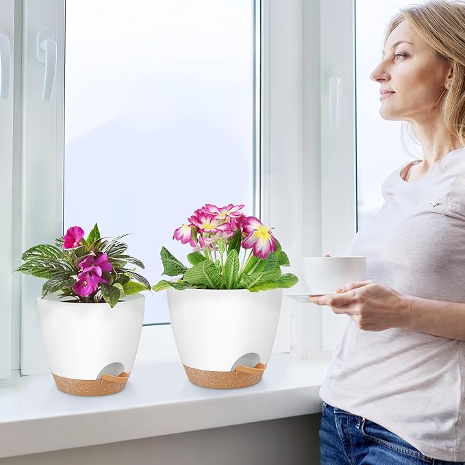 Plant Pots 8/7/6.5/6/5.5/5 Inch Self Watering Pots, Set of 6 Plastic Planters with Drainage Holes and Saucers,Plastic Flower Pots,Nursery Planting Pot for Indoor Out Door Plants（White）