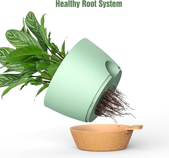 WOUSIWER 10 inch Self Watering Planters, 2 Pack Large Plastic Plant Pots with Deep Reservior and High Drainage Holes for Indoor Outdoor Plants and Flowers, Green with Terracotta