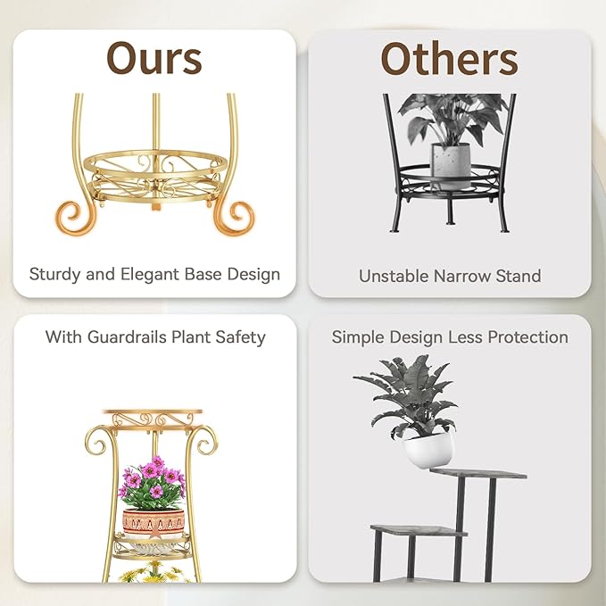 LASZOLA 3 Tier Gold Metal Plant Stand for Multiple Large Planters Indoor Outdoor Organizer, Heavy Duty Tall Flower Stand for Corner Patio Bathroom Office, Modern Sturdy Vertical Iron Rack, Cat Proof