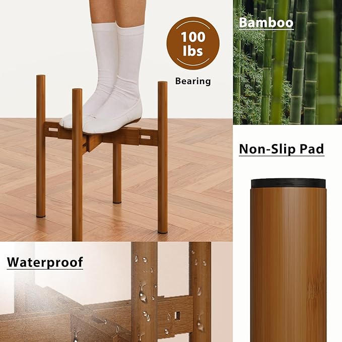 Adjustable Plant Stand Indoor, Bamboo Plant Holder 8 to 12 Inches, Small Corner Planter Stand for Indoor Plants, Single Floor Plant Stand for Living Room Balcony Bedroom, Light Brown