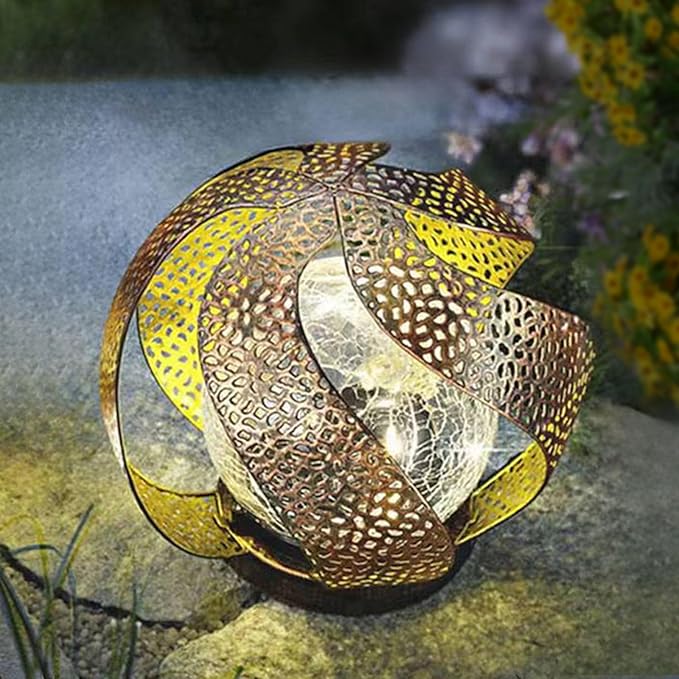 Huaxu Solar Lights Outdoor Garden Decor Waterproof Cracked Glass Globe LED Light Bronze Art Metal Retro Design Decorative Yard Patio Lawn Pathway Gift for Mom Women Anniversary Birthday